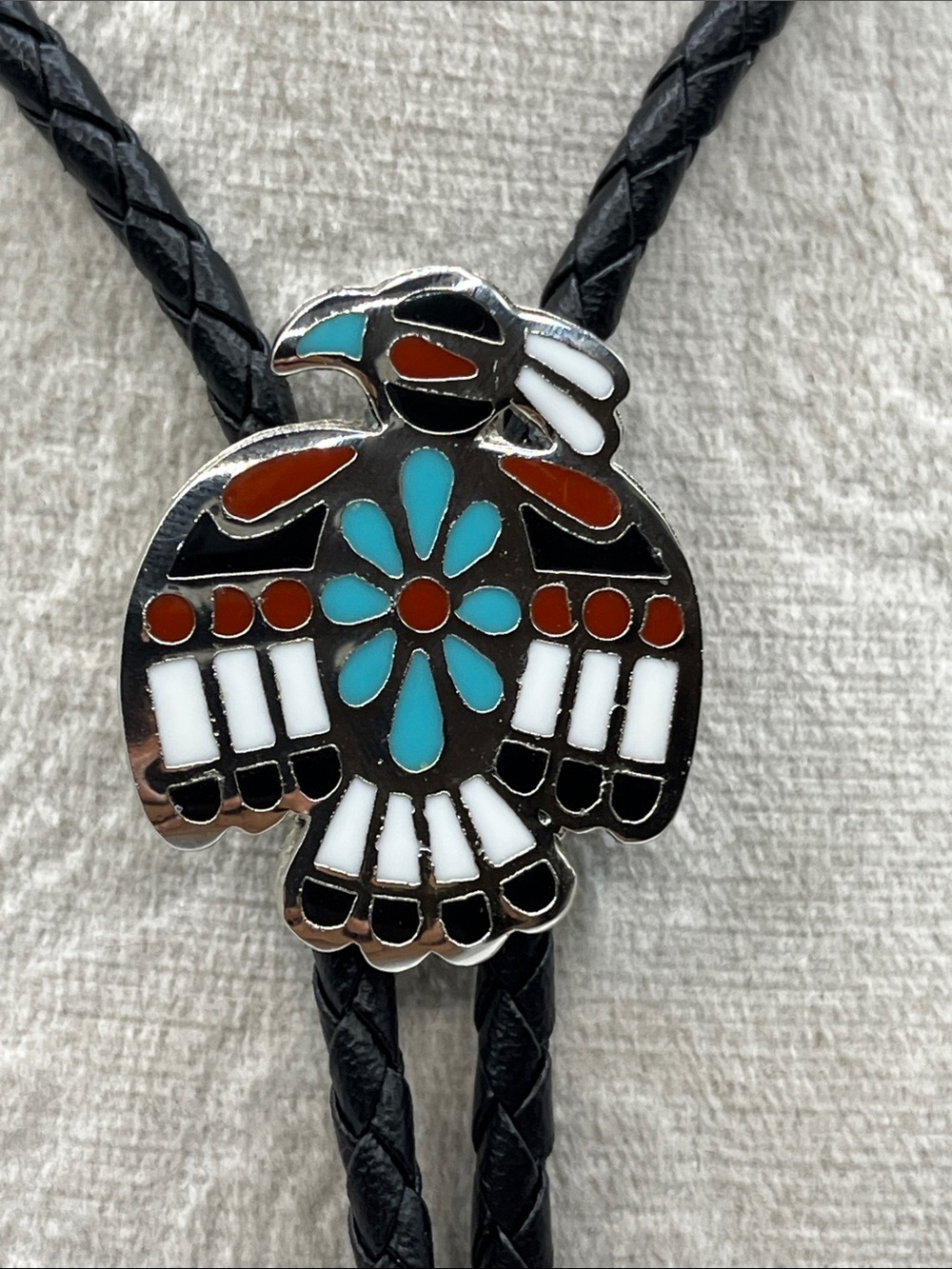 Thunderbird Blue and Red Bolo Necklace on Black Braided Cord